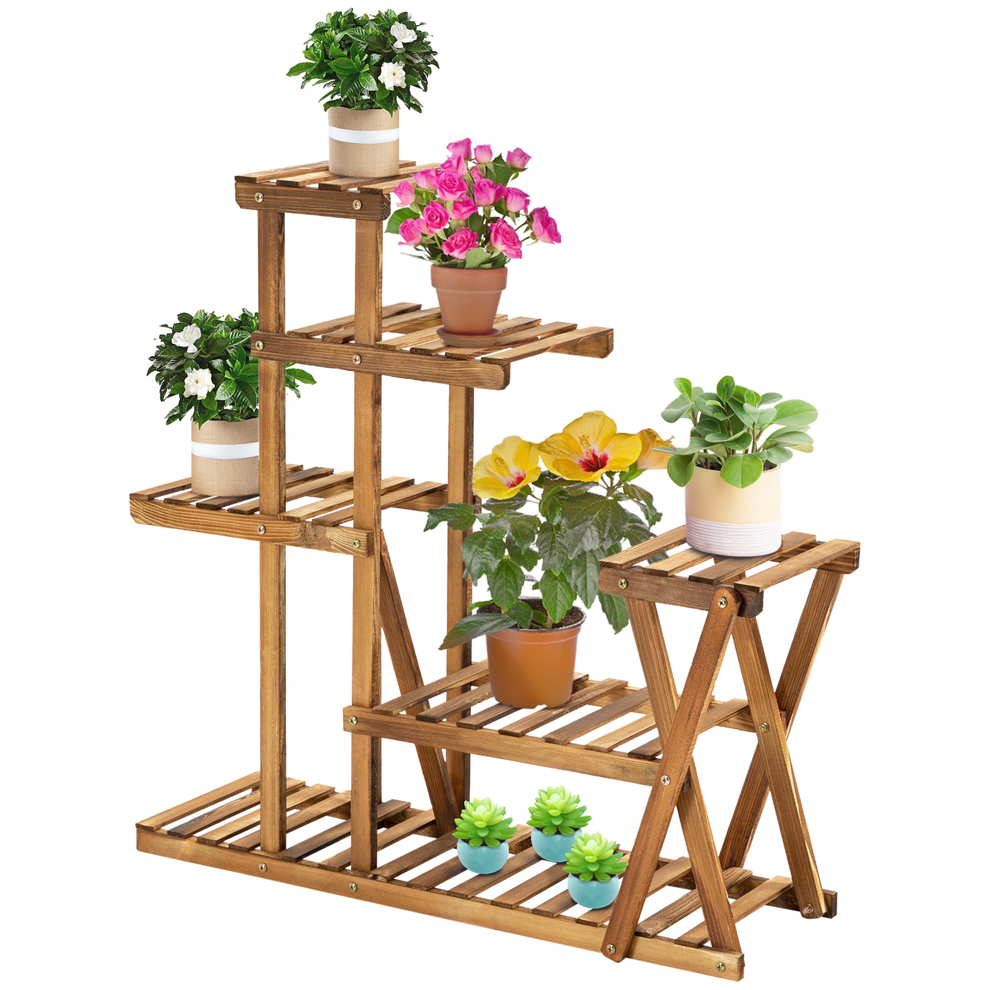 Plant Stand Plant Shelf with Wooden Legs Flower Stand with 5 Tiers Load 60 kg for Indoor and Outdoor Terrace Garden Balcony 98x28x95 cm Charred Wood