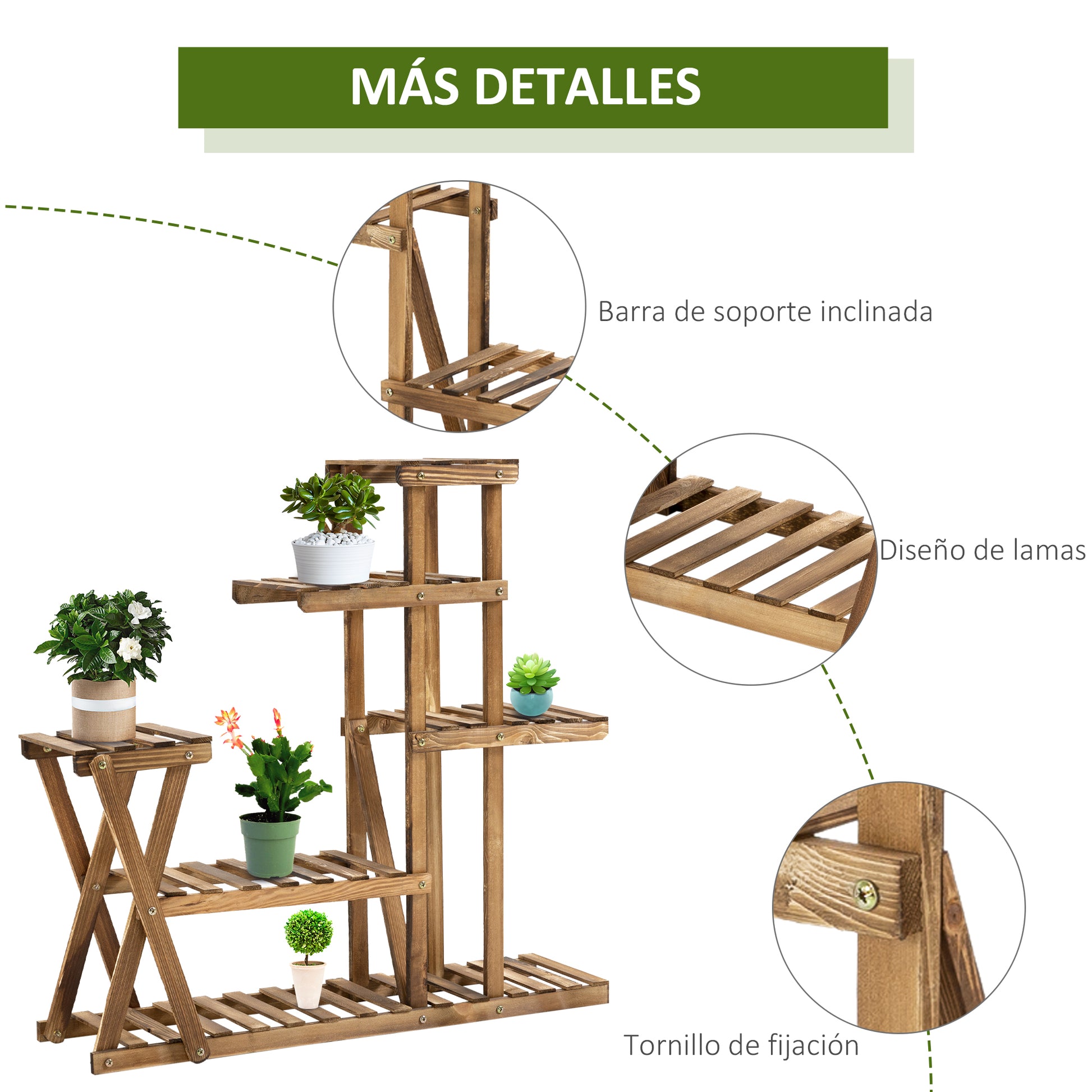 Plant Stand Plant Shelf with Wooden Legs Flower Stand with 5 Tiers Load 60 kg for Indoor and Outdoor Terrace Garden Balcony 98x28x95 cm Charred Wood