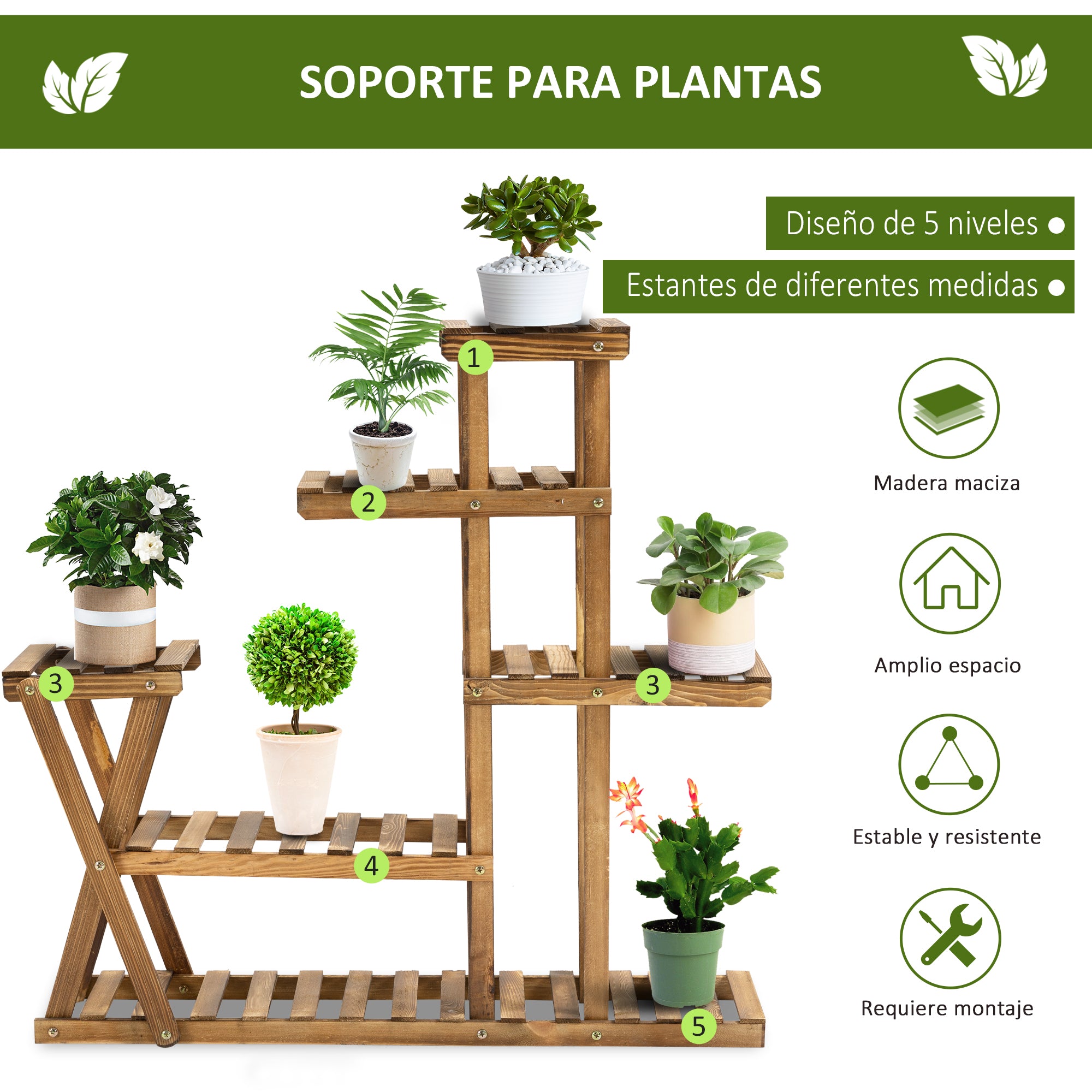 Plant Stand Plant Shelf with Wooden Legs Flower Stand with 5 Tiers Load 60 kg for Indoor and Outdoor Terrace Garden Balcony 98x28x95 cm Charred Wood