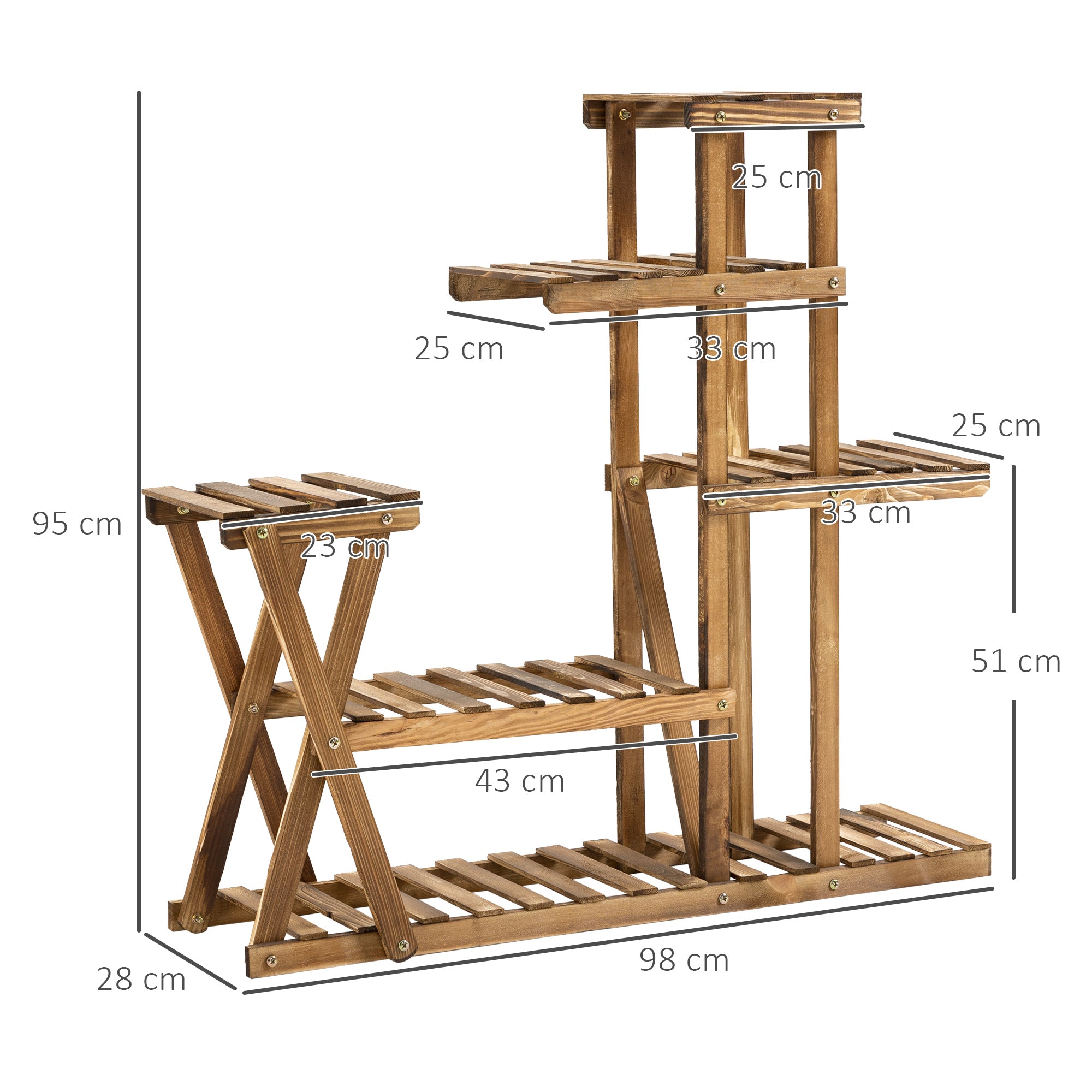 Plant Stand Plant Shelf with Wooden Legs Flower Stand with 5 Tiers Load 60 kg for Indoor and Outdoor Terrace Garden Balcony 98x28x95 cm Charred Wood