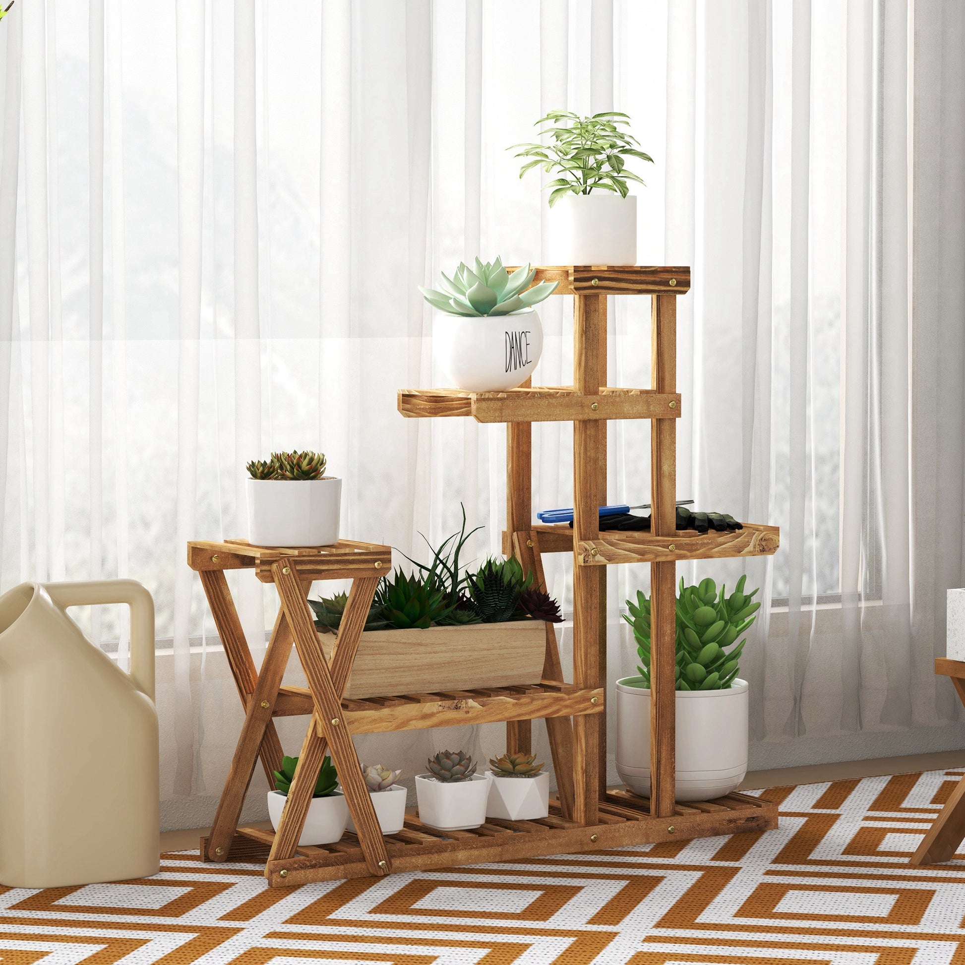 Plant Stand Plant Shelf with Wooden Legs Flower Stand with 5 Tiers Load 60 kg for Indoor and Outdoor Terrace Garden Balcony 98x28x95 cm Charred Wood