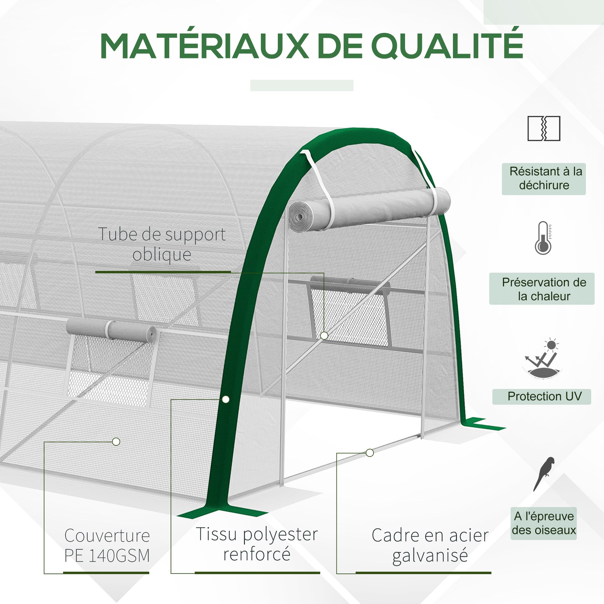 Garden Tunnel Greenhouse 18m² Tomato Greenhouse 6L x 3W x 2H m - 8 Windows, Roll-Up Zippered Door - Galvanized Steel Tubular Frame, White High-Density PE Cover