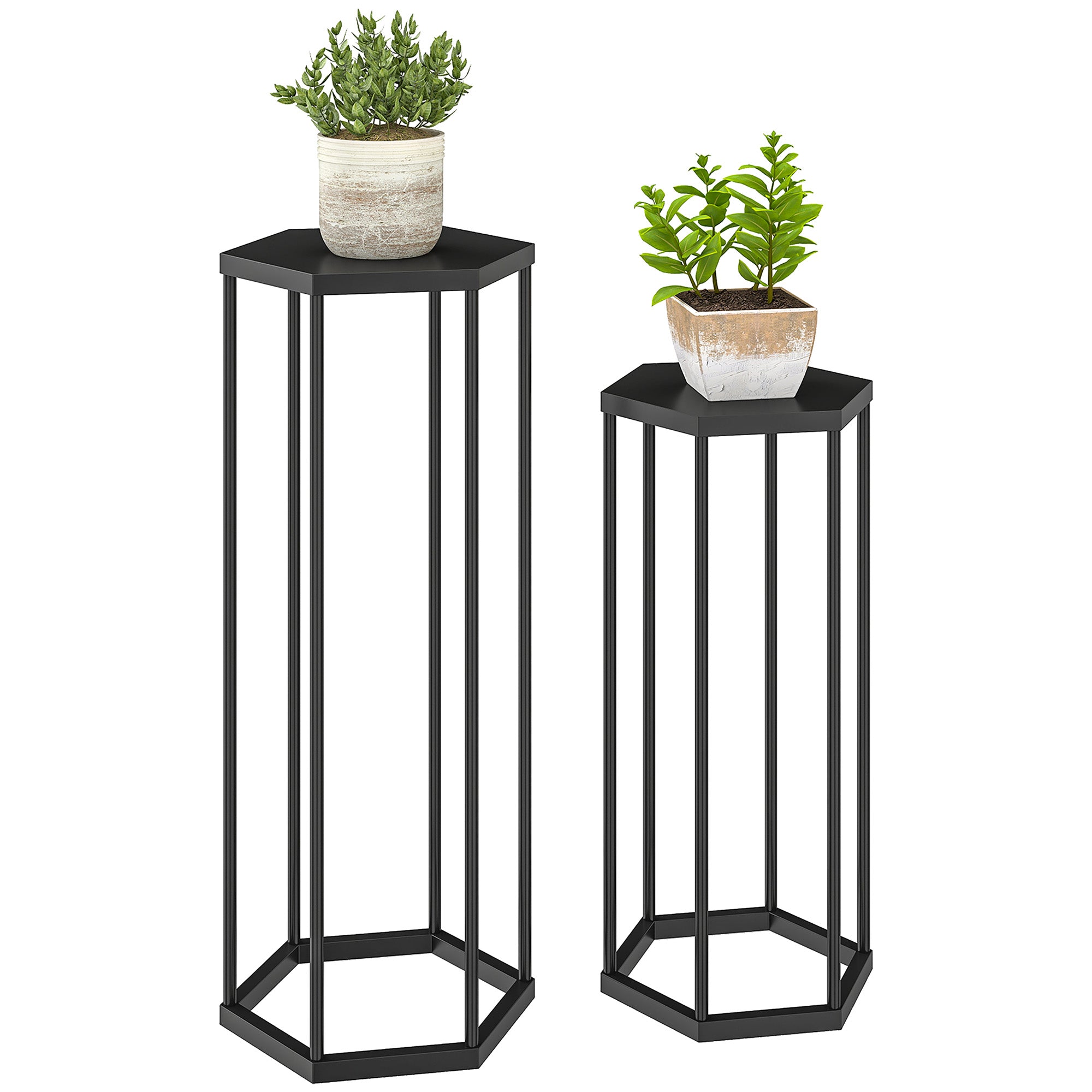 2-Pack Hexagon Metal Plant Stands, 75/60 cm (29.5"/23.6") — Indoor & Outdoor Black