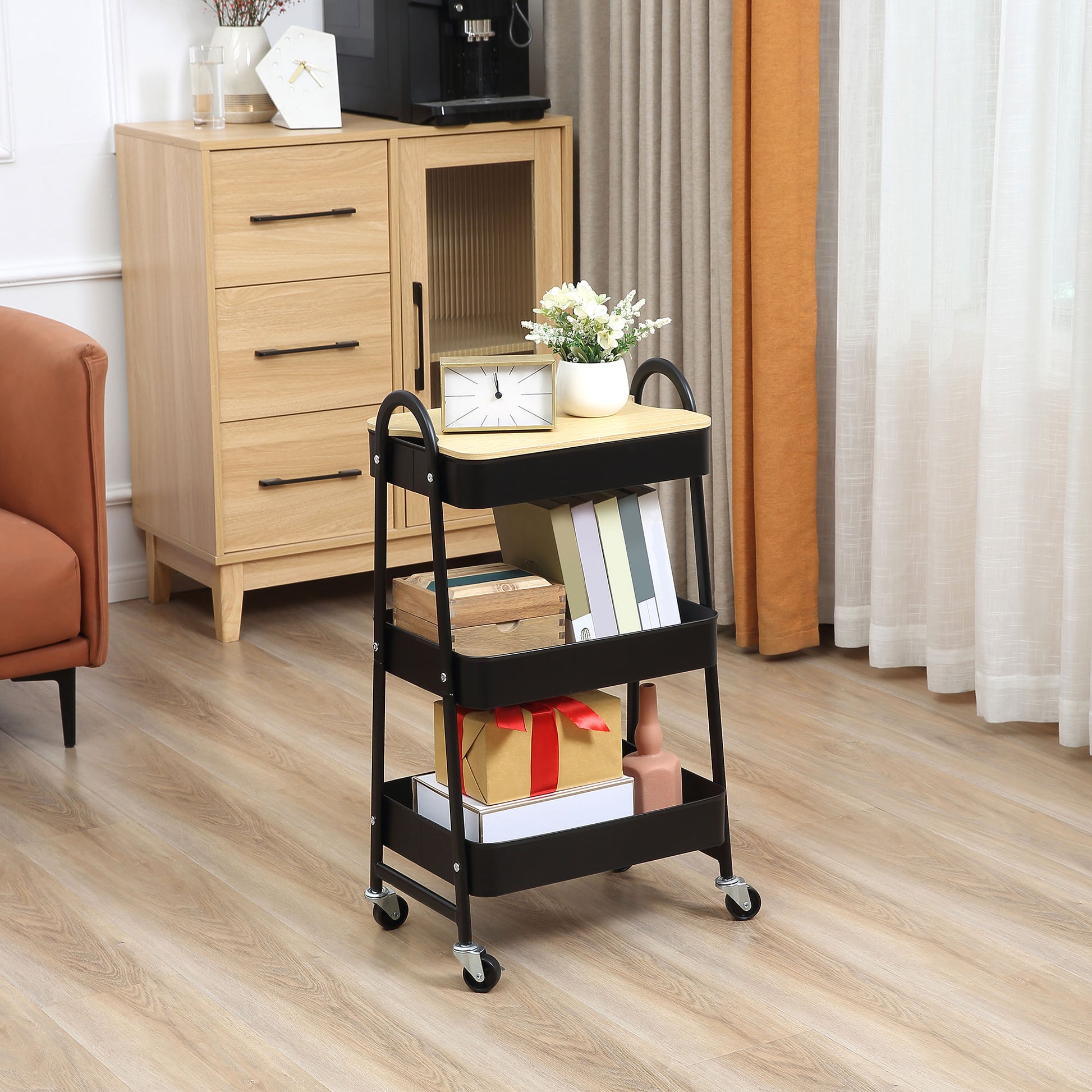 3-Tier Rolling Utility Cart Kitchen Cart with 3 Steel Baskets and 1 Cover Plate for Dining Room Bathroom 17.7x12.2x31.3 inches Black