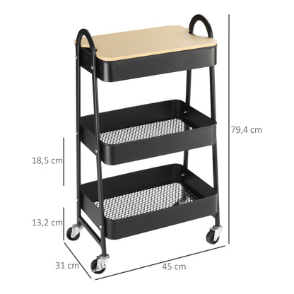 3-Tier Rolling Utility Cart Kitchen Cart with 3 Steel Baskets and 1 Cover Plate for Dining Room Bathroom 17.7x12.2x31.3 inches Black