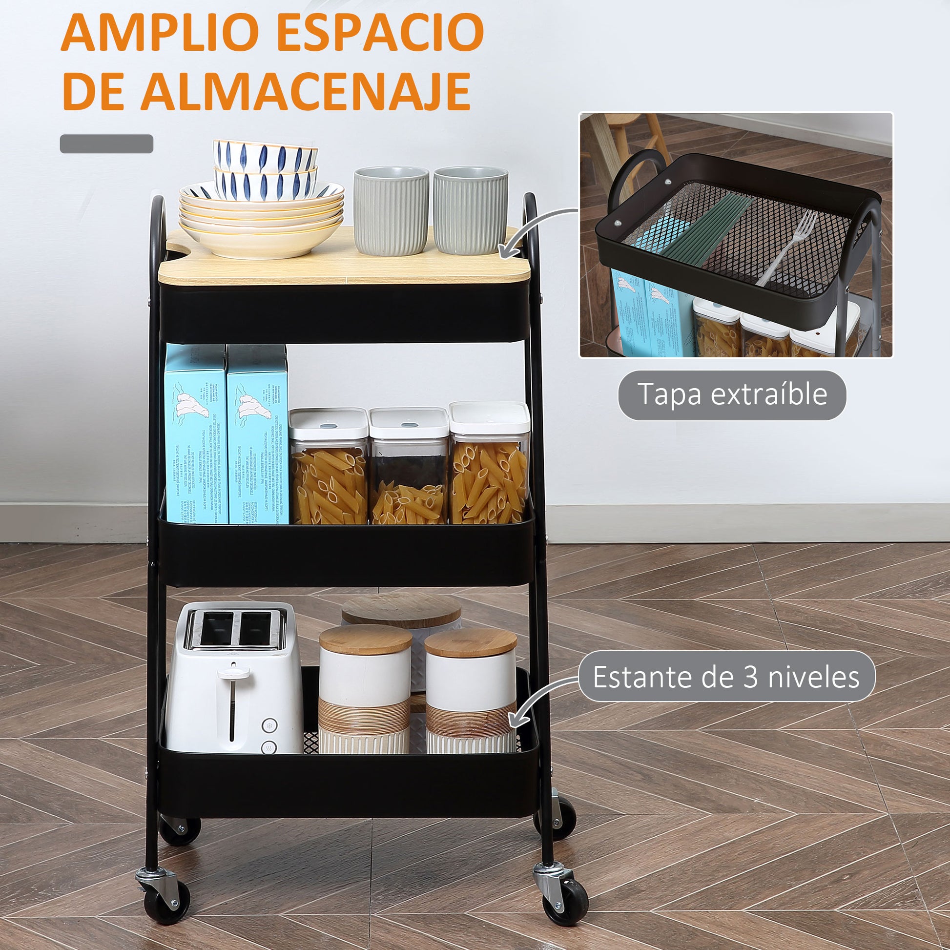 3-Tier Rolling Utility Cart Kitchen Cart with 3 Steel Baskets and 1 Cover Plate for Dining Room Bathroom 17.7x12.2x31.3 inches Black