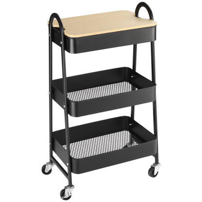 3-Tier Rolling Utility Cart Kitchen Cart with 3 Steel Baskets and 1 Cover Plate for Dining Room Bathroom 17.7x12.2x31.3 inches Black