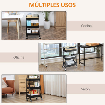 3-Tier Rolling Utility Cart Kitchen Cart with 3 Steel Baskets and 1 Cover Plate for Dining Room Bathroom 17.7x12.2x31.3 inches Black