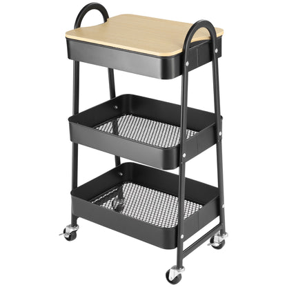 3-Tier Rolling Utility Cart Kitchen Cart with 3 Steel Baskets and 1 Cover Plate for Dining Room Bathroom 17.7x12.2x31.3 inches Black