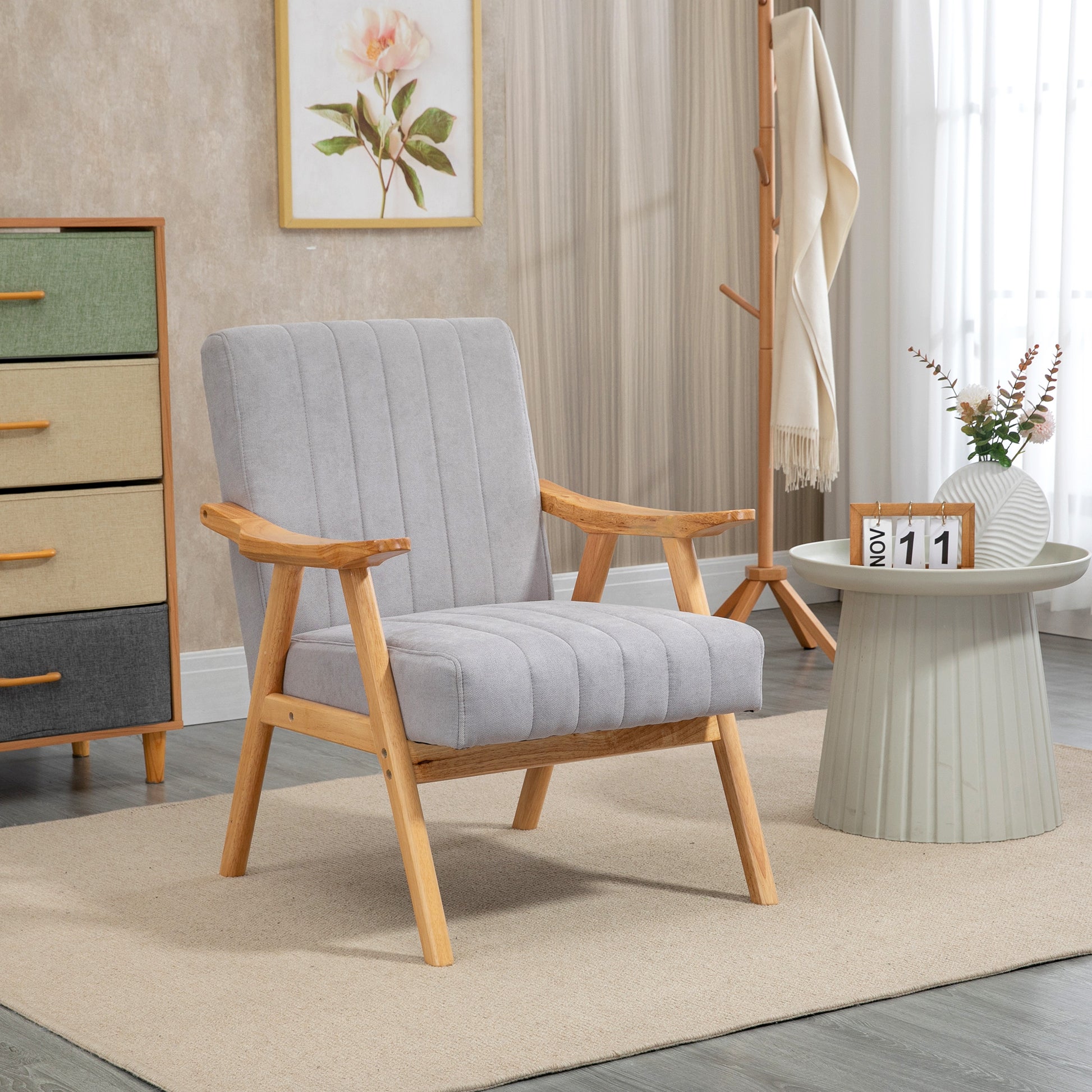 Armchair Living Room Lounge Chair Armrest Chair Recliner with Rubberwood Legs, Upholstered Chair with Velvet Look, Reading Chair for Bedroom Home Office Light Gray
