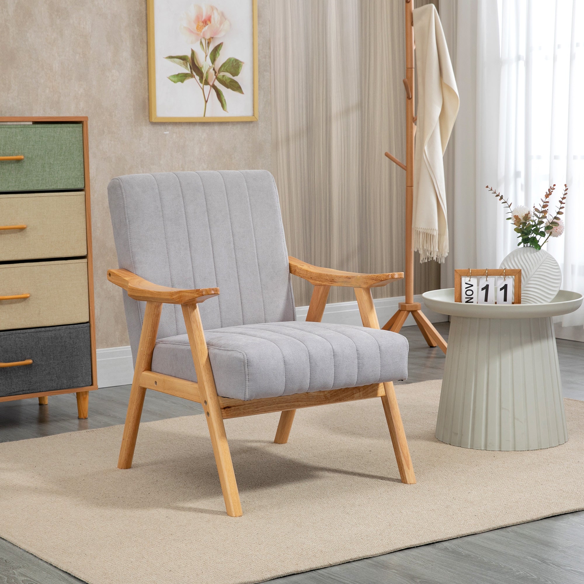 Armchair Living Room Lounge Chair Armrest Chair Recliner with Rubberwood Legs, Upholstered Chair with Velvet Look, Reading Chair for Bedroom Home Office Light Gray