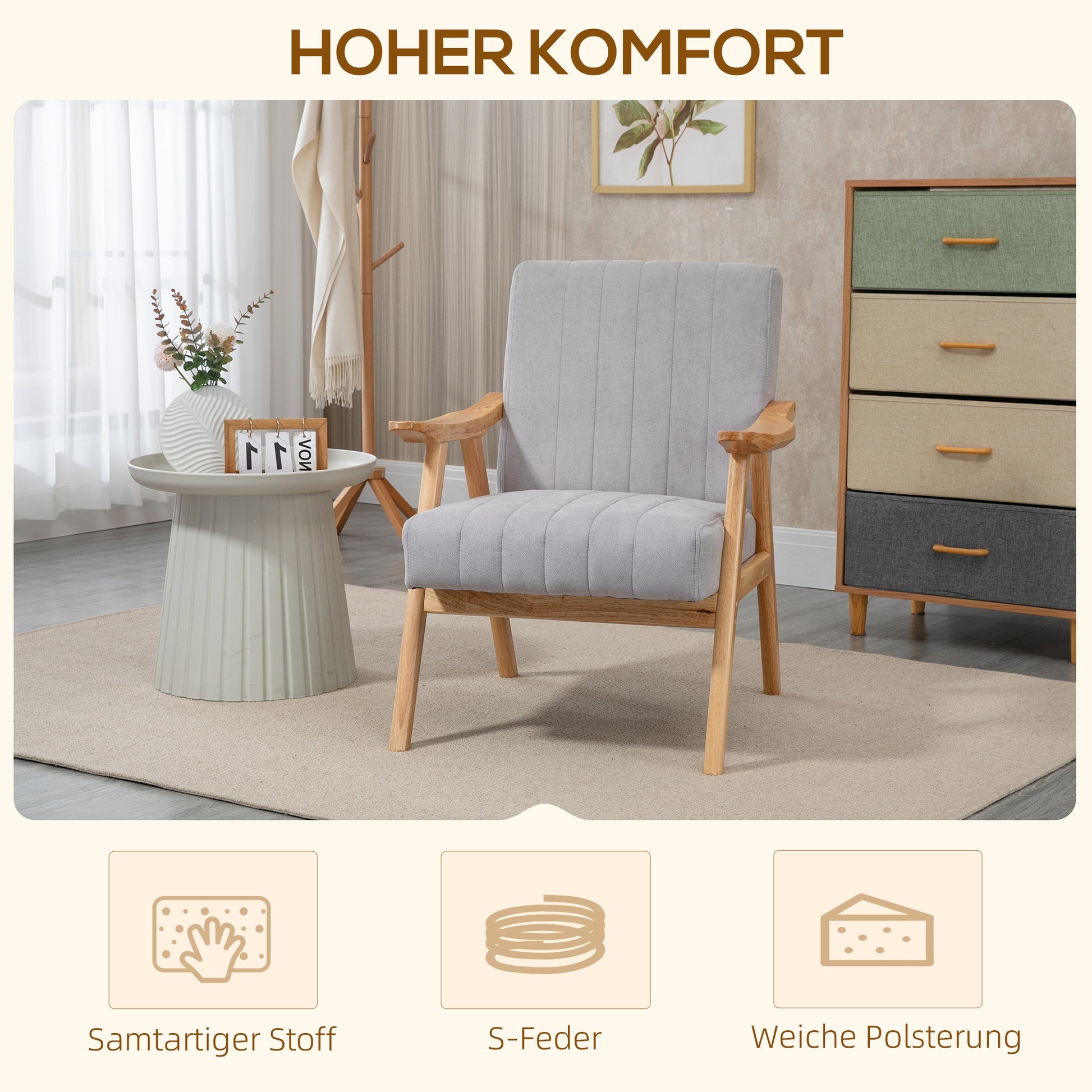 Armchair Living Room Lounge Chair Armrest Chair Recliner with Rubberwood Legs, Upholstered Chair with Velvet Look, Reading Chair for Bedroom Home Office Light Gray