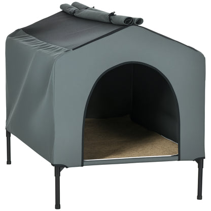 Dog House with Outdoor Cover 110x75x87 cm Elevated Pet Bed with Cushion and Roll-up Mesh Windows for Large Dogs Gray