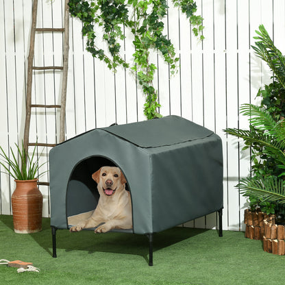 Dog House with Outdoor Cover 110x75x87 cm Elevated Pet Bed with Cushion and Roll-up Mesh Windows for Large Dogs Gray