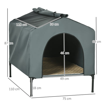 Dog House with Outdoor Cover 110x75x87 cm Elevated Pet Bed with Cushion and Roll-up Mesh Windows for Large Dogs Gray