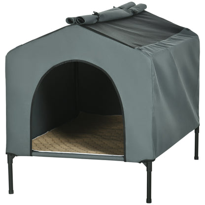 Dog House with Outdoor Cover 110x75x87 cm Elevated Pet Bed with Cushion and Roll-up Mesh Windows for Large Dogs Gray