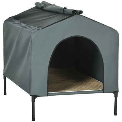 Dog House with Outdoor Cover 110x75x87 cm Elevated Pet Bed with Cushion and Roll-up Mesh Windows for Large Dogs Gray