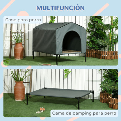 Dog House with Outdoor Cover 110x75x87 cm Elevated Pet Bed with Cushion and Roll-up Mesh Windows for Large Dogs Gray