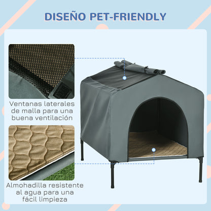 Dog House with Outdoor Cover 110x75x87 cm Elevated Pet Bed with Cushion and Roll-up Mesh Windows for Large Dogs Gray