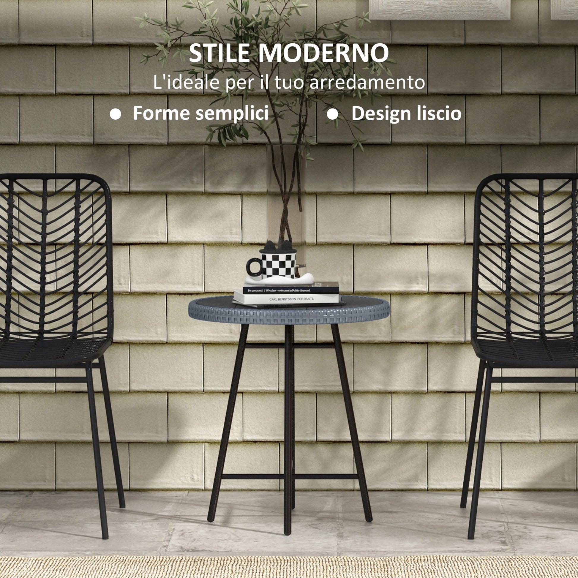 Garden Table with X Frame and Wood Plastic Table Top, Rattan and Steel Table for Indoor and Outdoor, 50x50x55 cm, Gray and Black