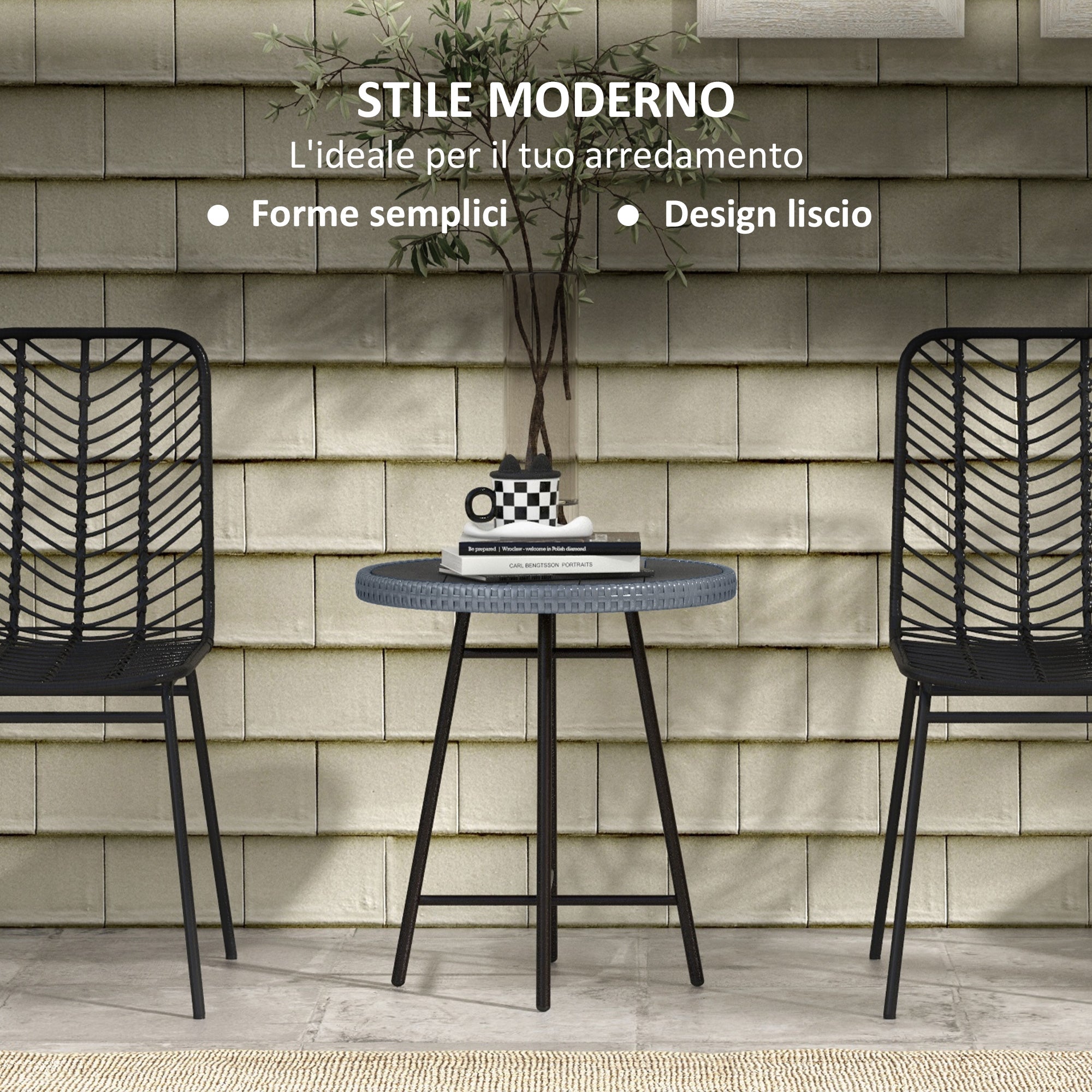 Garden Table with X Frame and Wood Plastic Table Top, Rattan and Steel Table for Indoor and Outdoor, 50x50x55 cm, Gray and Black