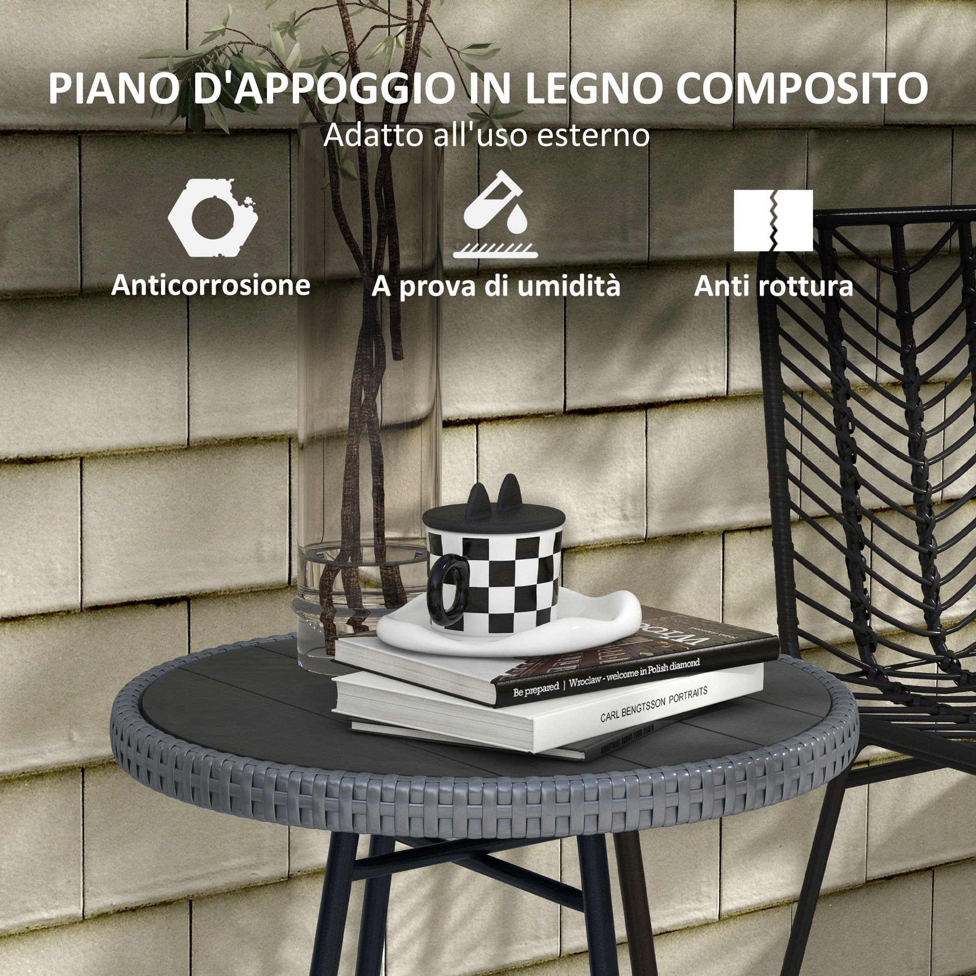 Garden Table with X Frame and Wood Plastic Table Top, Rattan and Steel Table for Indoor and Outdoor, 50x50x55 cm, Gray and Black