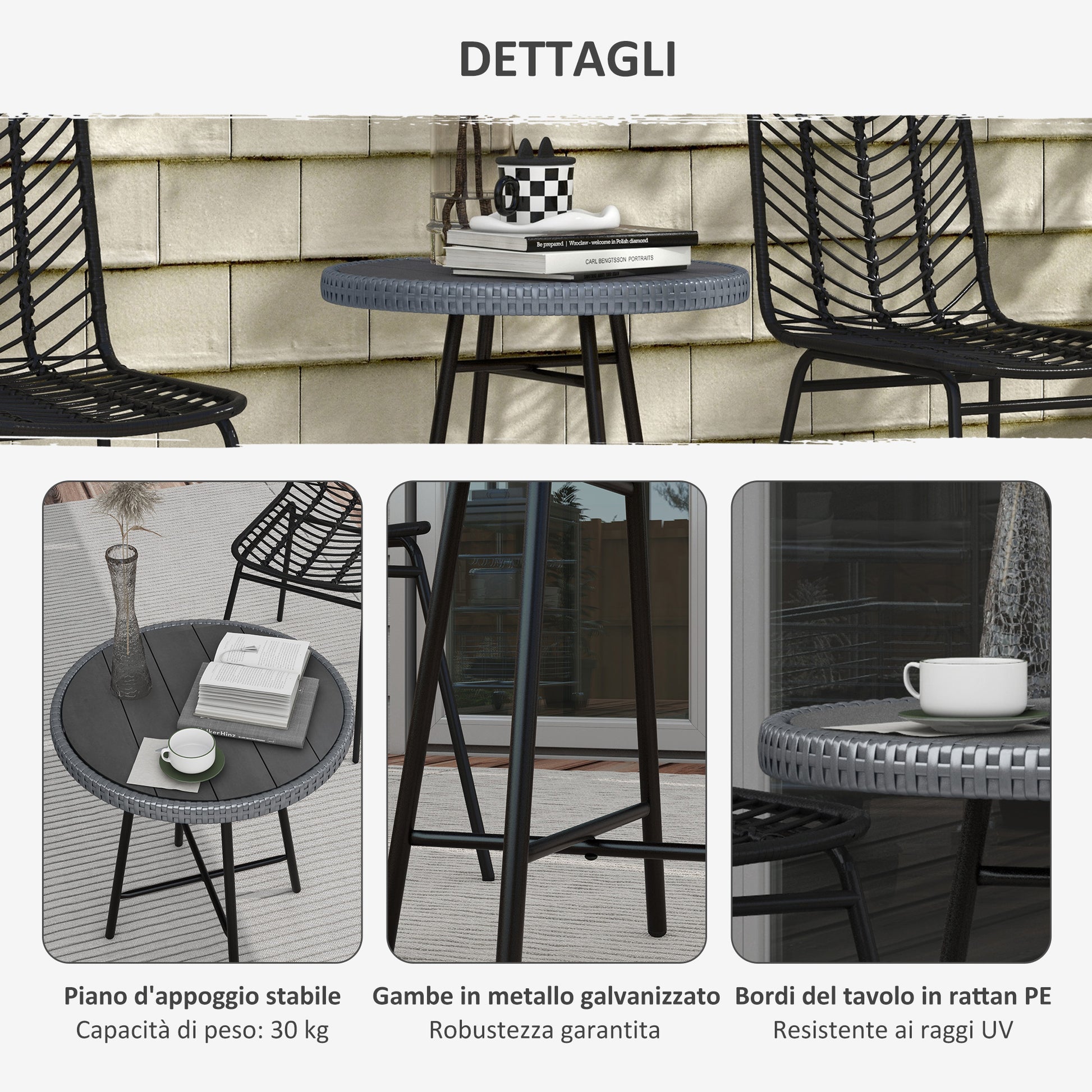 Garden Table with X Frame and Wood Plastic Table Top, Rattan and Steel Table for Indoor and Outdoor, 50x50x55 cm, Gray and Black
