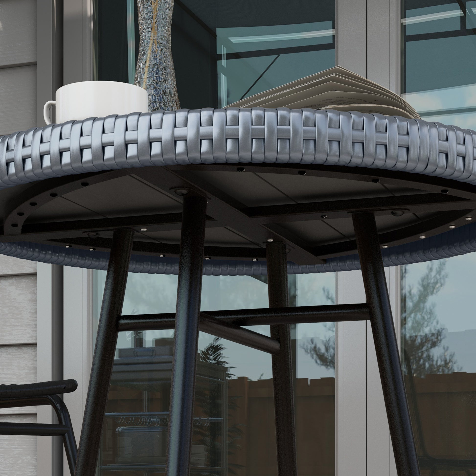 Garden Table with X Frame and Wood Plastic Table Top, Rattan and Steel Table for Indoor and Outdoor, 50x50x55 cm, Gray and Black