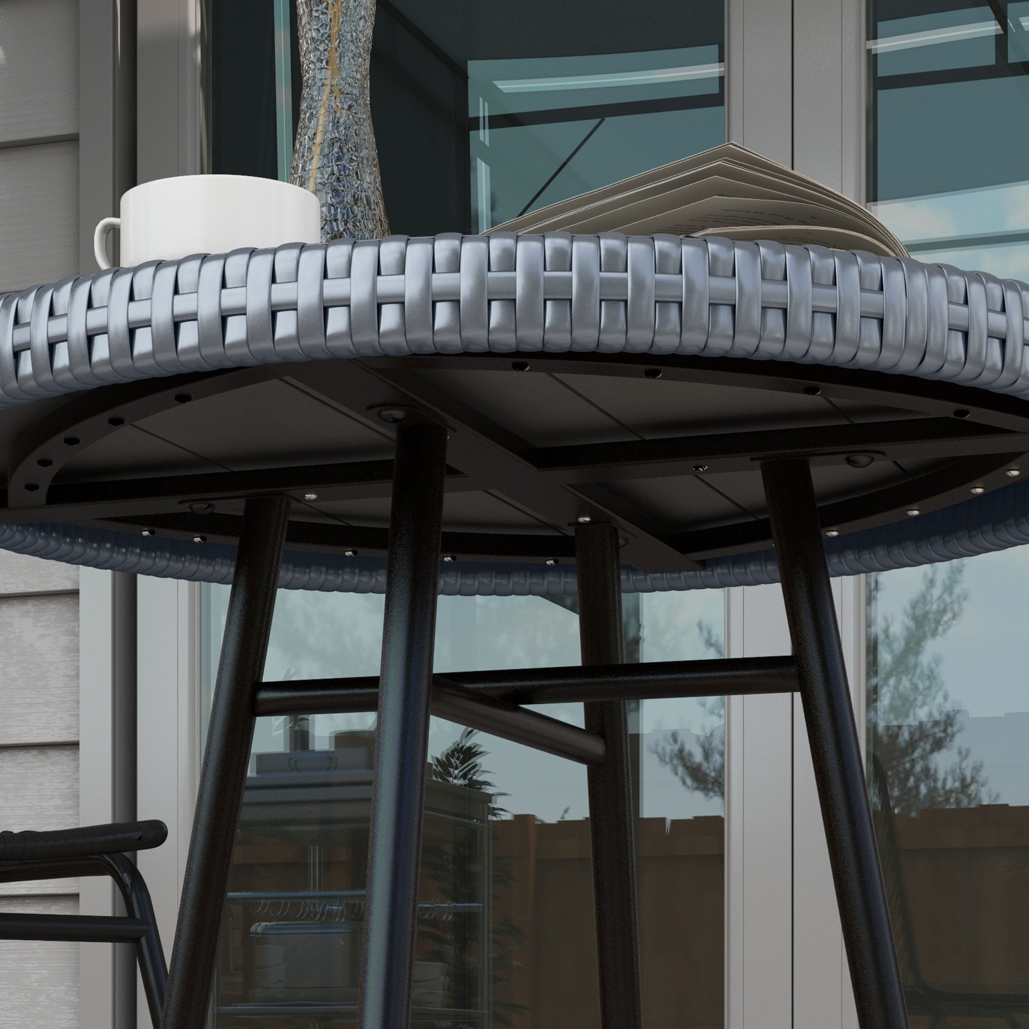 Garden Table with X Frame and Wood Plastic Table Top, Rattan and Steel Table for Indoor and Outdoor, 50x50x55 cm, Gray and Black