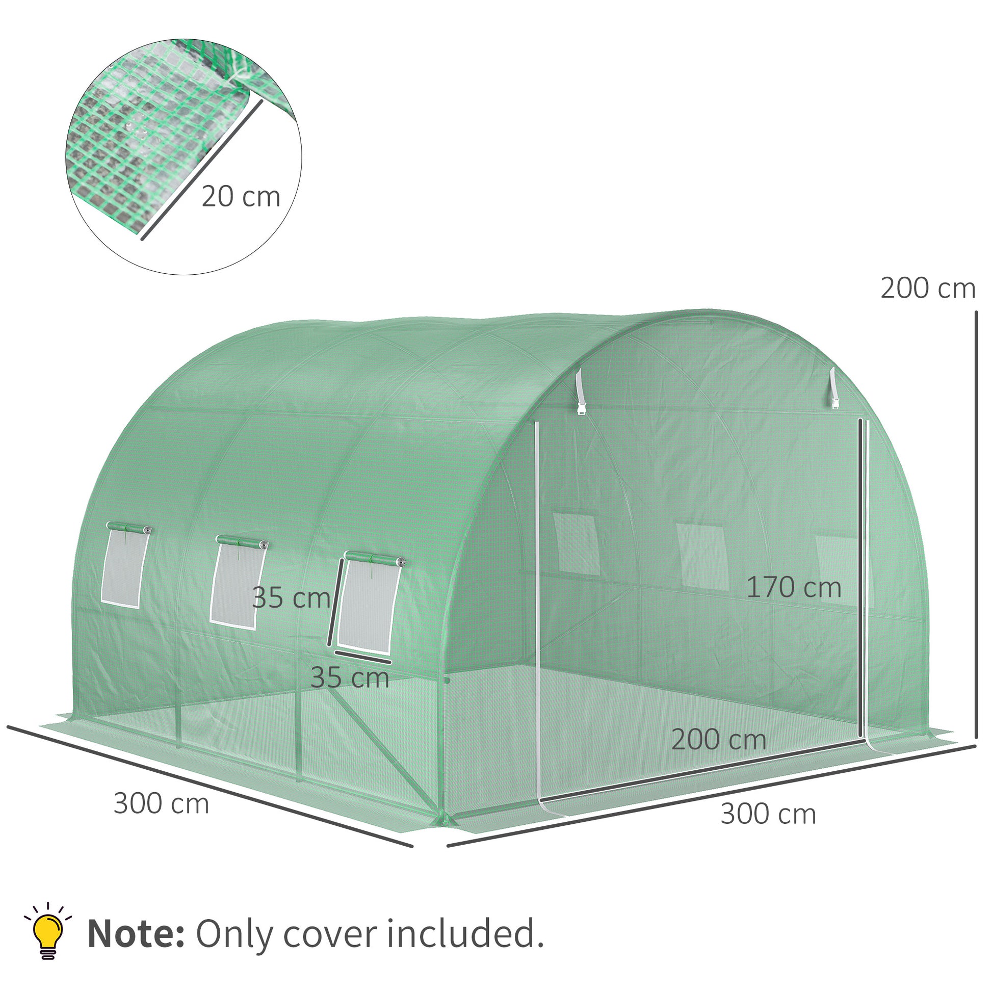 Replacement Film Cover 300 x 300 x 200 cm with front door, 6 windows tear-resistant greenhouse film, garden film for greenhouse, conservatory, cold frame, green