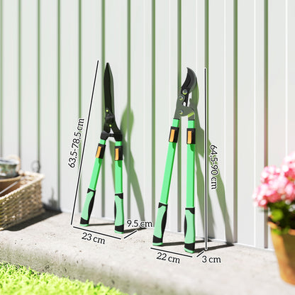 Set of 2 Garden Shears, hedge shear length 63.5-78.5 cm, anvil pruner length 64.5-90 cm, extendable non-slip telescopic handles polished blades, green and black