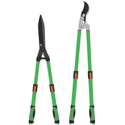 Set of 2 Garden Shears, hedge shear length 63.5-78.5 cm, anvil pruner length 64.5-90 cm, extendable non-slip telescopic handles polished blades, green and black