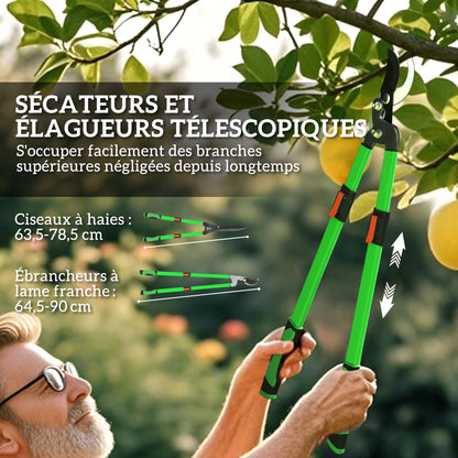 Set of 2 Garden Shears, hedge shear length 63.5-78.5 cm, anvil pruner length 64.5-90 cm, extendable non-slip telescopic handles polished blades, green and black