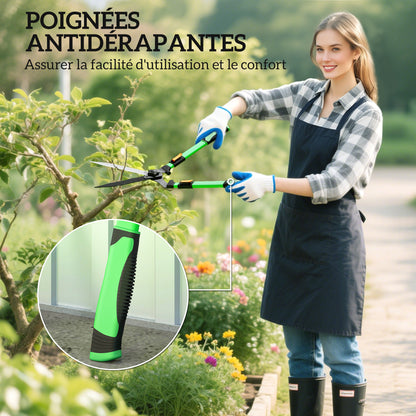 Set of 2 Garden Shears, hedge shear length 63.5-78.5 cm, anvil pruner length 64.5-90 cm, extendable non-slip telescopic handles polished blades, green and black