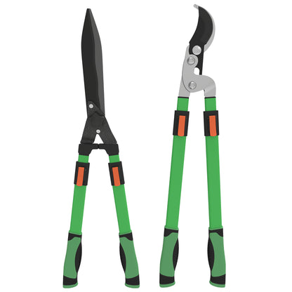 Set of 2 Garden Shears, hedge shear length 63.5-78.5 cm, anvil pruner length 64.5-90 cm, extendable non-slip telescopic handles polished blades, green and black