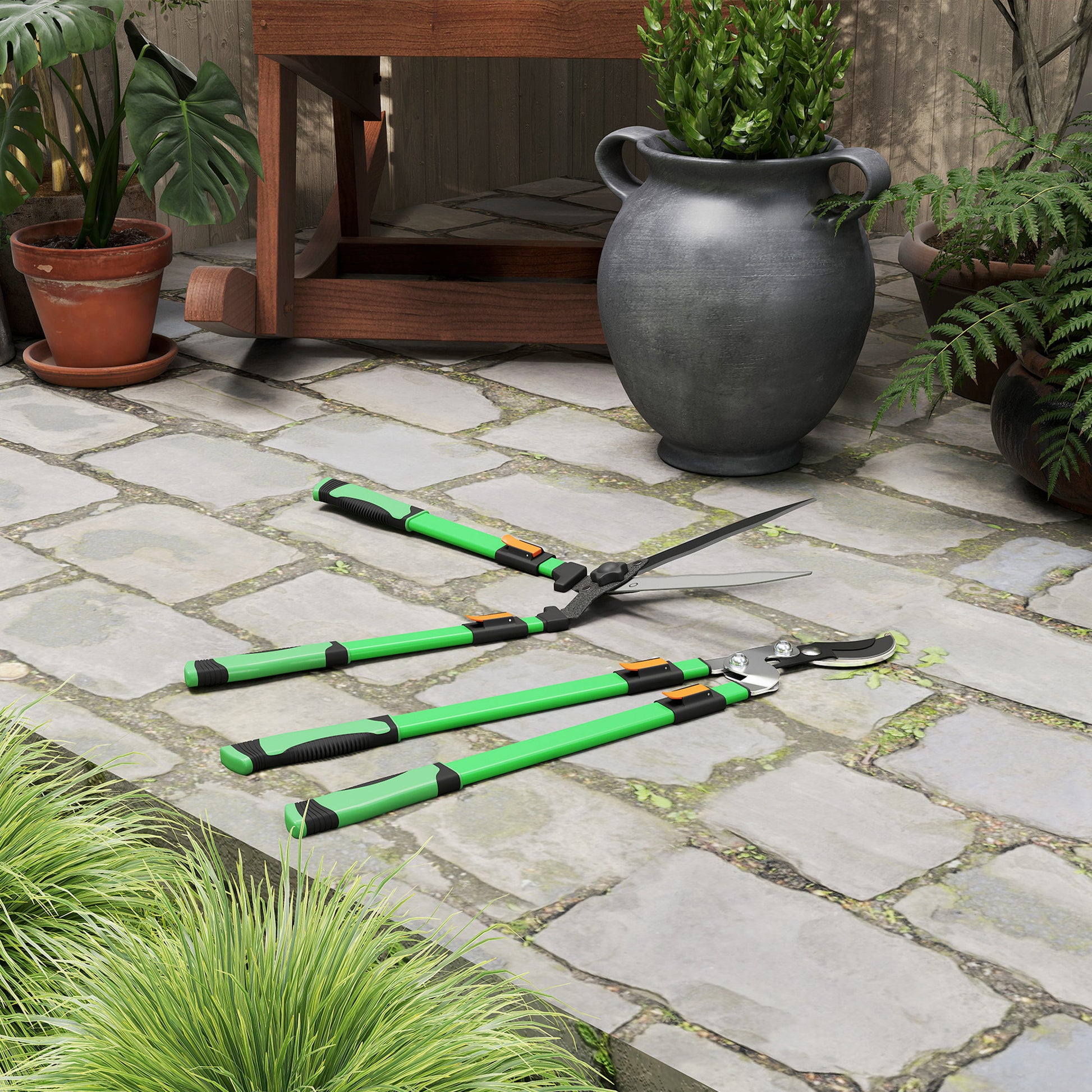 Set of 2 Garden Shears, hedge shear length 63.5-78.5 cm, anvil pruner length 64.5-90 cm, extendable non-slip telescopic handles polished blades, green and black