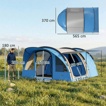 4-Person Tunnel Family Tent with Living Area, Removable Divider, Windows, Groundsheet, Standing Height — 3000 mm Waterproof (Sky Blue & Grey)