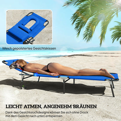 Folding Sun Lounger Garden Chair with Pillow Recliner with 4-Position Adjustable Backrest Camping Chair with Face Hole up to 120kg Load Capacity for Garden, Balcony Blue