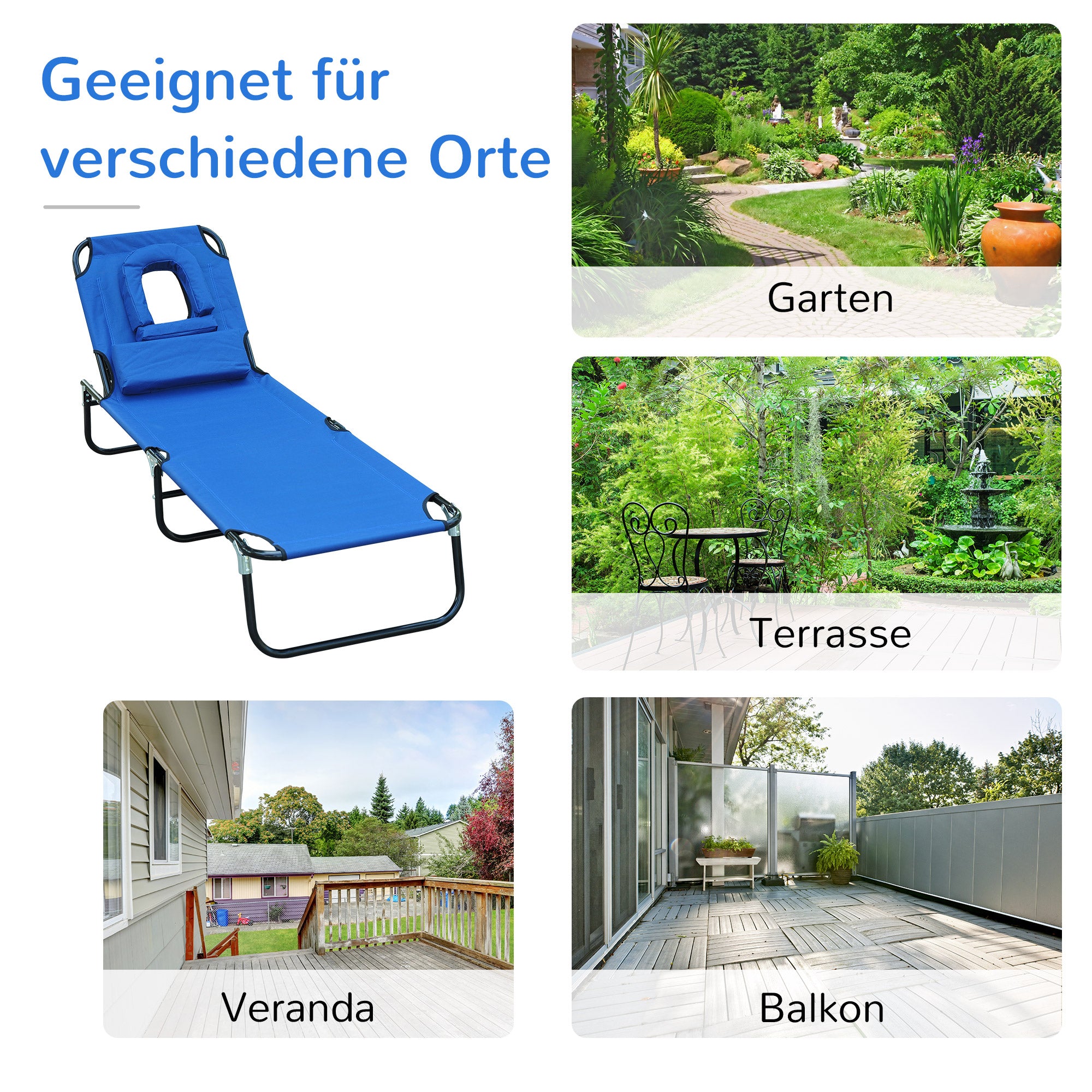 Folding Sun Lounger Garden Chair with Pillow Recliner with 4-Position Adjustable Backrest Camping Chair with Face Hole up to 120kg Load Capacity for Garden, Balcony Blue