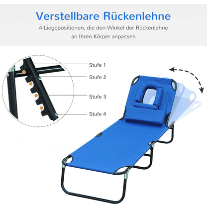 Folding Sun Lounger Garden Chair with Pillow Recliner with 4-Position Adjustable Backrest Camping Chair with Face Hole up to 120kg Load Capacity for Garden, Balcony Blue