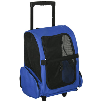 2-in-1 Pet Carrier Backpack or Travel Cart for Dog and Cat with 2 Wheels, Retractable Aluminum Handle, and Pockets 42x25x55 cm Blue