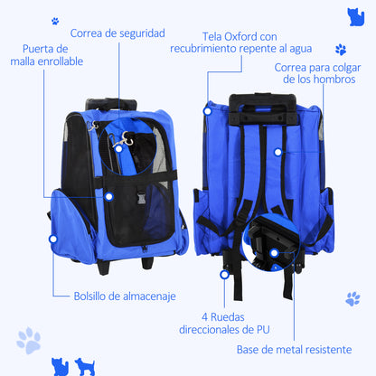 2-in-1 Pet Carrier Backpack or Travel Cart for Dog and Cat with 2 Wheels, Retractable Aluminum Handle, and Pockets 42x25x55 cm Blue
