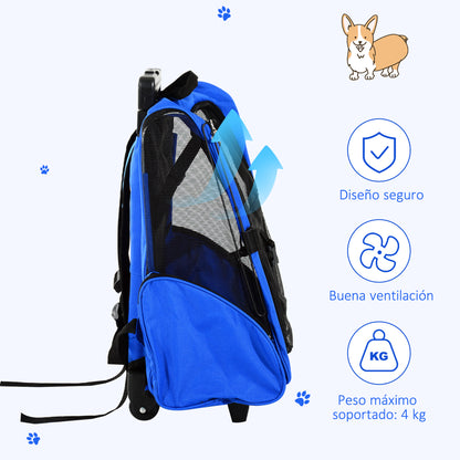 2-in-1 Pet Carrier Backpack or Travel Cart for Dog and Cat with 2 Wheels, Retractable Aluminum Handle, and Pockets 42x25x55 cm Blue