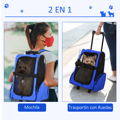2-in-1 Pet Carrier Backpack or Travel Cart for Dog and Cat with 2 Wheels, Retractable Aluminum Handle, and Pockets 42x25x55 cm Blue