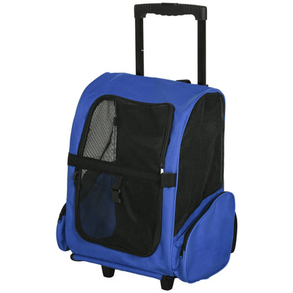 2-in-1 Pet Carrier Backpack or Travel Cart for Dog and Cat with 2 Wheels, Retractable Aluminum Handle, and Pockets 42x25x55 cm Blue