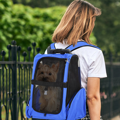 2-in-1 Pet Carrier Backpack or Travel Cart for Dog and Cat with 2 Wheels, Retractable Aluminum Handle, and Pockets 42x25x55 cm Blue