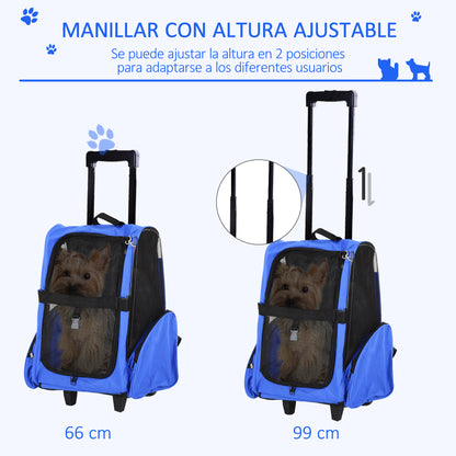 2-in-1 Pet Carrier Backpack or Travel Cart for Dog and Cat with 2 Wheels, Retractable Aluminum Handle, and Pockets 42x25x55 cm Blue