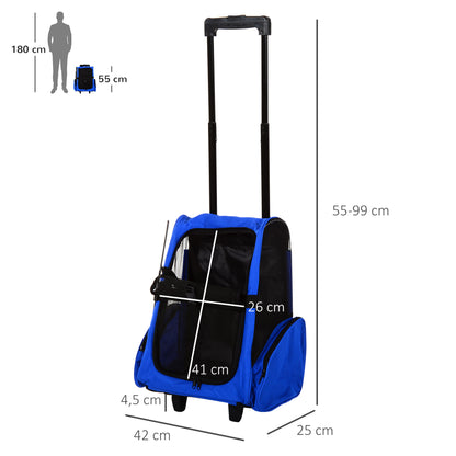 2-in-1 Pet Carrier Backpack or Travel Cart for Dog and Cat with 2 Wheels, Retractable Aluminum Handle, and Pockets 42x25x55 cm Blue