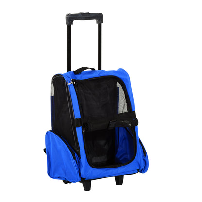 2-in-1 Pet Carrier Backpack or Travel Cart for Dog and Cat with 2 Wheels, Retractable Aluminum Handle, and Pockets 42x25x55 cm Blue