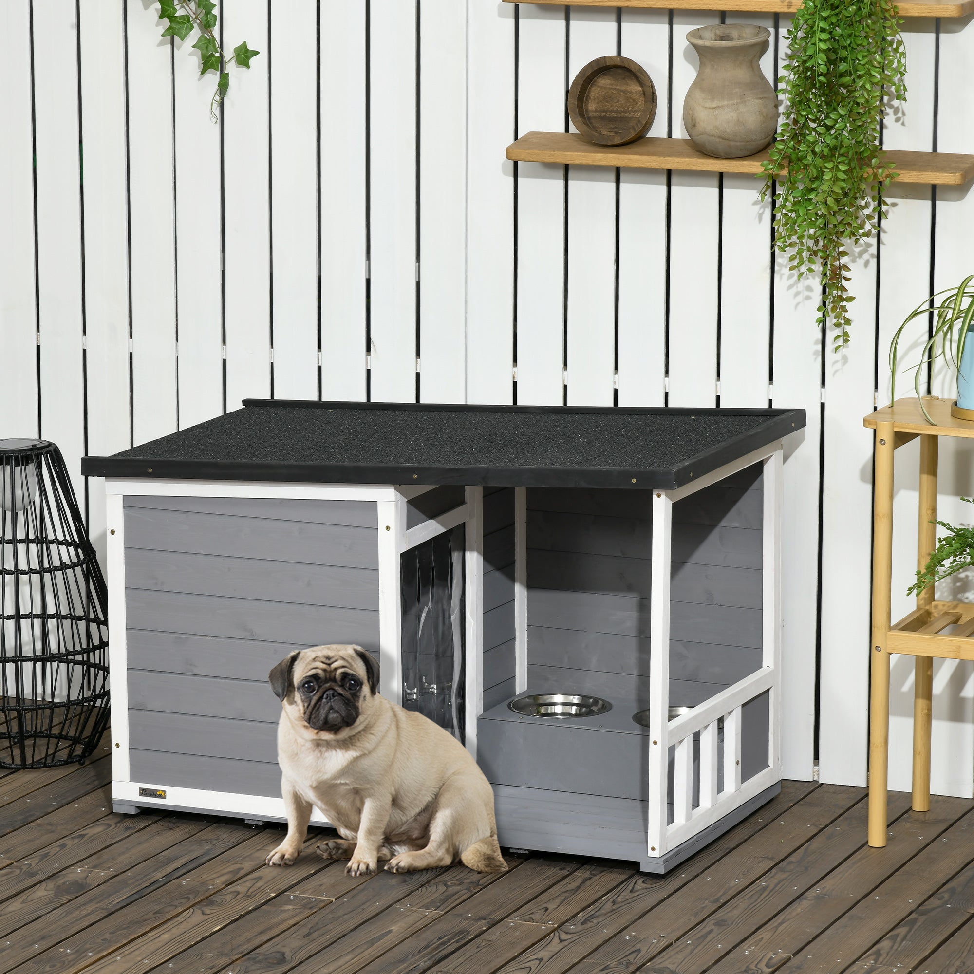 Outdoor Dog House, Wooden Dog House with 2 Bowls, Terrace, Waterproof Dog Cave with Gable Roof Kennel for Small Dogs, Gray, 103 x 62 x 60-66 cm
